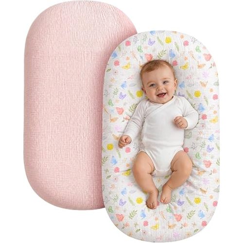 Replacement Baby Lounger Cover, 2 Pack Soft Muslin Slipcover for Newborn Nest, Durable Lounger Protector with Envelope Closure, Fits Most Standard Loungers, Cover Only,Light Pink