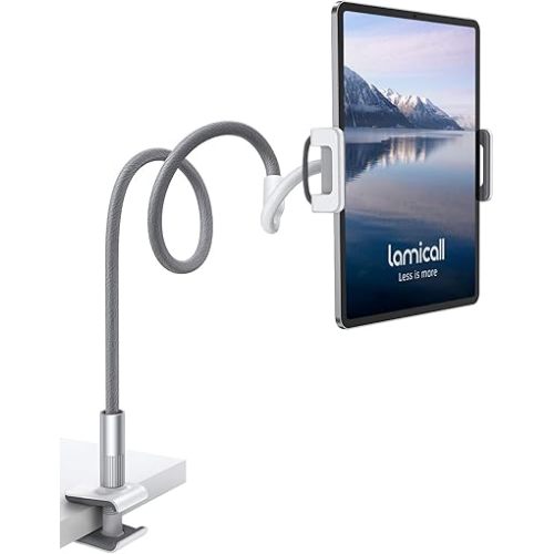 Lamicall Gooseneck Tablet Holder, Tablet Stand : Flexible Arm Clip Tablet Mount Compatible with iPad Mini Pro Air, Kindle, Switch, Galaxy Tabs, More 4.7-10.5" Devices - Gray