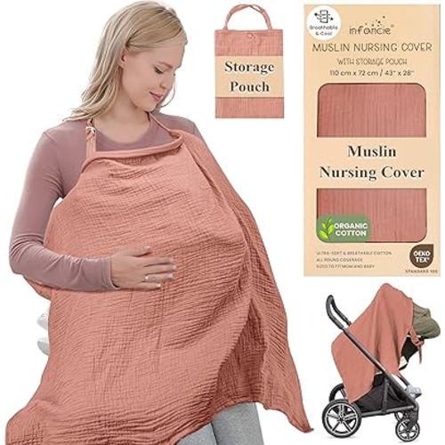 Premium Organic Breathable Muslin Nursing Cover for Breastfeeding - Privacy Breast Feeding Covers for Women - Multi-Use Nursing Cover Up - Soft & Lightweight Breastfeeding Covers (Rust)