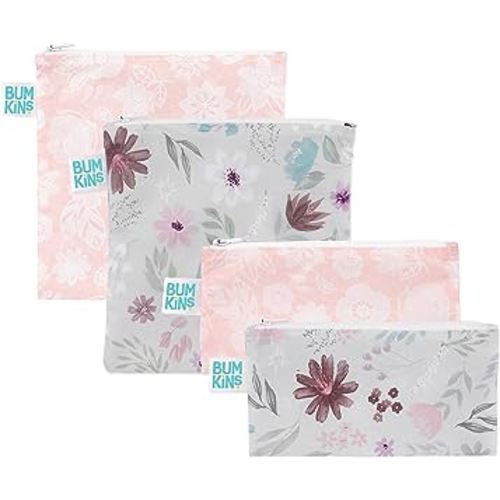 Bumkins Reusable Sandwich and Snack Bags, for Kids Lunch Bags and for Adults, Washable Fabric, Cloth Zip Bag, Dishwasher-Safe, Food-Safe, Safety Tested (4-Pack)