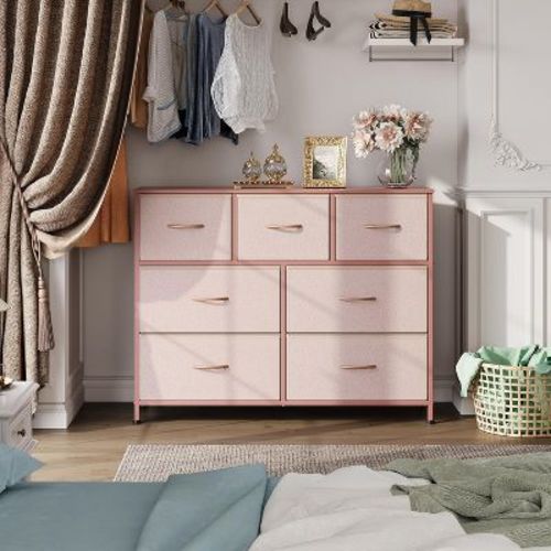 DEXYLLO 7 Drawer Dresser TV Stand, Entertainment Center with Wood Top, Media Console for TVs up to 45", for Bedroom & Living Room,Pink