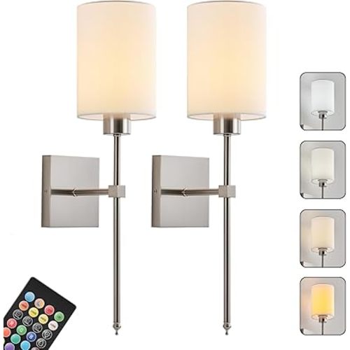 KARTOOSH Battery Operated Wall Sconce Set of Two, Wireless Rechargeable Wall Light with Remote Control, Dimmable, 4 Color Temperatures, RGB, Timer, for Living Room,Bedroom,Entryway, Nickel, 20.6 Inch