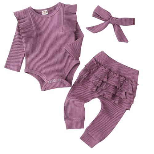 Fullfamous Baby Girl's 3pc Rib Frill Long Sleeve Romper and Pant Set