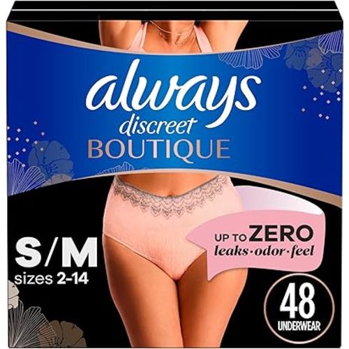 Always Discreet Boutique Incontinence and Postpartum Underwear for Women, Maximum Protection, S/M, Rosy, 48 Count