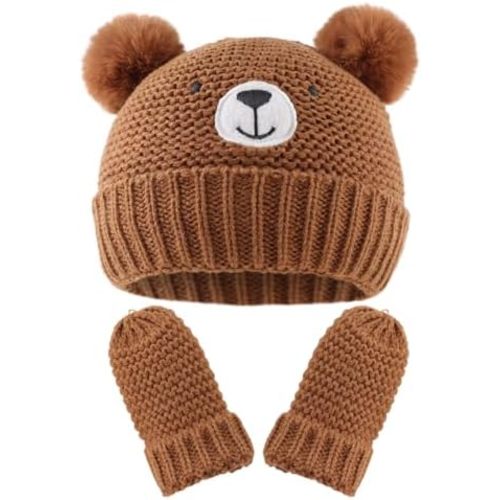 Cute Bear Baby Beanie Pompom Baby Hat Mittens Set Infant Toddler Beanie for Boys Girls