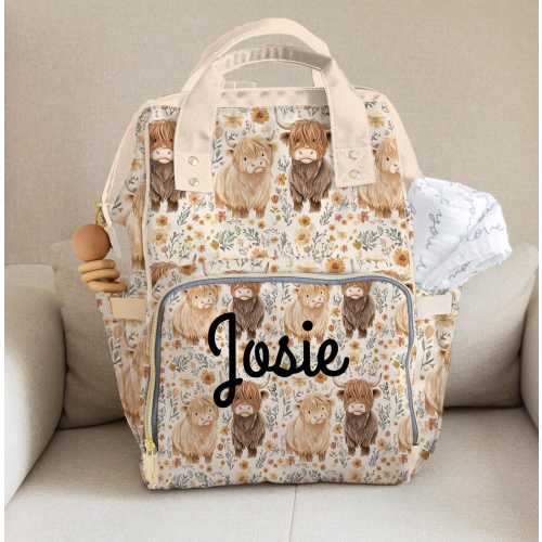 Highland Cow Western Diaper Bag | Personalized Cows Multifunctional Baby Bag | Cute Cows Baby Shower Gift | Customized Girls Baby Backpack