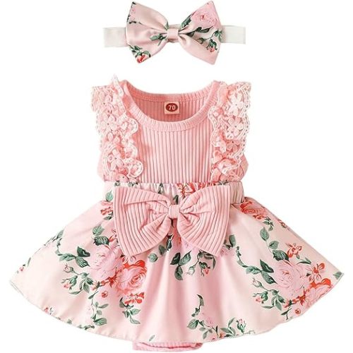 Baby Girl Clothes Newborn Romper Dress Infant Lace Ruffle Sleeveless Summer Outfits with Headband 0-12 Months