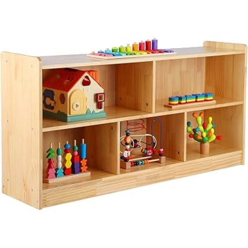 Montessori Shelf, 47-1/4" L Toy Shelf, Toy Storage Organizer with 2-Layer Bookshelf, 5-Section Wooden Storage Cabinet, Bookshelf for Kids Rooms, Playroom, School, Nursery