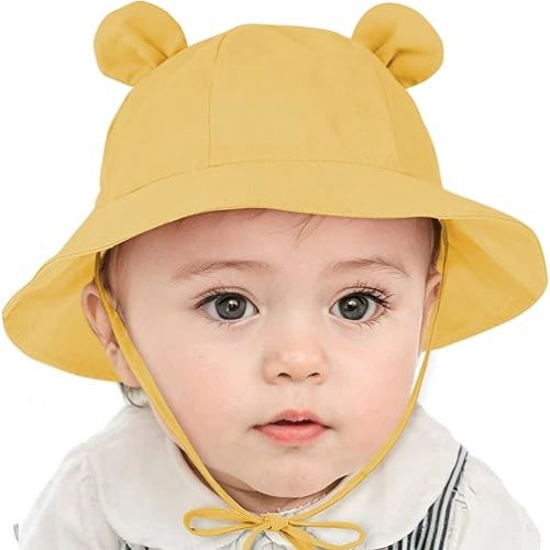 Zando Baby Sun Hat Toddler UPF 50+ Adjustable Bucket Hat for Baby Sun Hats with Bear Ear Wide Brim Toddler Beach Hat Infant Sunhat for Baby Girl Boy Sun Hat Newborn Yellow 3-6 Months
