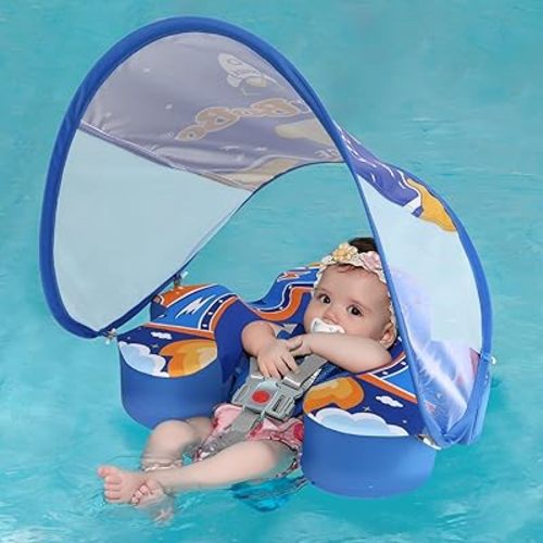 Swimbobo Baby Floats for Pool with Canopy Non Inflatable Soft Skin-Friendly Fabric Material Infant Swim Float for Boys and Girls Swimming Pool Toys (Blue Spaceship)