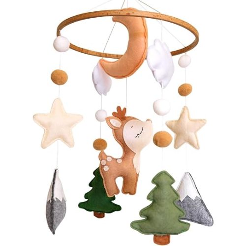 Woodland Baby Crib Mobile, Deer Baby Mobile for Crib Boys & Girls, Fawn Nursery Mobile, Forest Theme Baby Nursery Decor, with Moon, Stars, Trees & Mountains