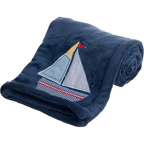 Plush Baby Blanket Super-Soft for Boys and Girls, Gifts for Kids Embroidered Fleece Baby Blanket, Portable Bed Throws for Baby Crib and Toddler Bed, 30”x40” (Navy Sailboat)