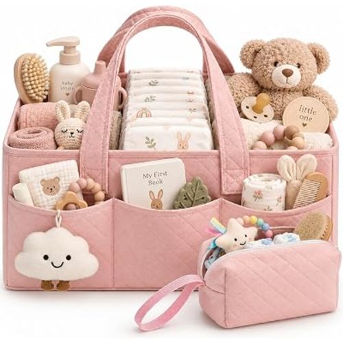 PeraBella Baby Diaper Caddy Organizer, Baby Basket Shower Gift, Portable Changing Table Basket, Postpartum Caddy & Tote Bag Pouch, Newborn Boy & Girl Nursery Essentials Registry, Car Diaper Organizer