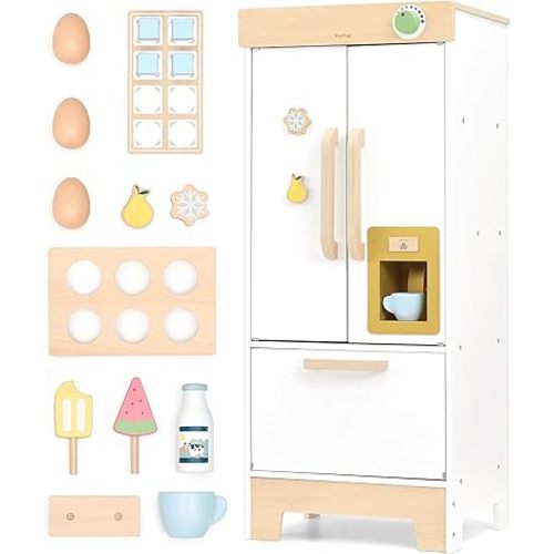PairPear Kids Play Kitchen Toy Refrigerator, Wooden Toy Fridge Freezer Set for Kids, Toddler Kitchen Playset with Pretend Play Kitchen Acessories, Play Food Gift for Boys & Girls Age 3+