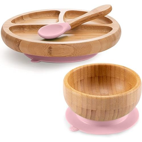 Toddler Bamboo Plates, Bowls and Spoon Set, Wooden Feeding Utensils for Infant’s Easy Self Eating at 1 Stage, Stay Put Silicone Suction Plate and Bowl and Soup Spoon for Baby Led Weaning
