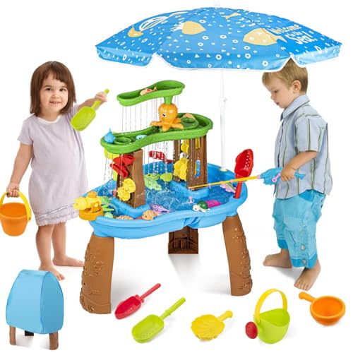VROGTIK Water Table for Toddlers 3-5 with Umbrella Outdoor Toys for Kids Ages 4-8 3-Tier Kids Sand Water Table with Fishing Game Set Activity Sensory Table Summer Gift Beach Outside Toys for Toddlers