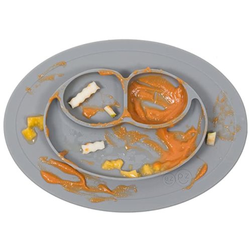 ezpz Mini Mat for 12 Months+ (Gray) - 100% Silicone Baby Plates with Suction and Built-in Placemat for Infants + Toddlers - Baby Led Weaning - For Highchair, Dining Table and Travel