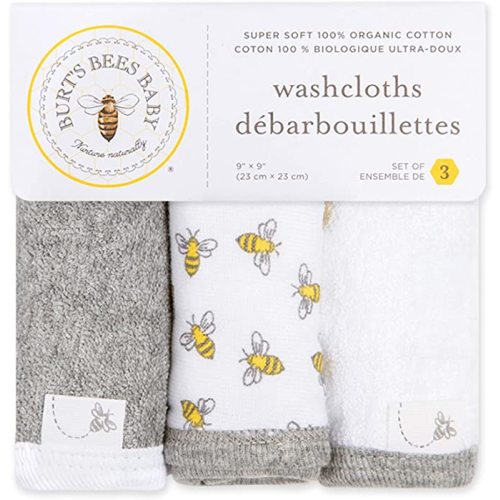 Burt's Bees Baby Infant Washcloths, 100% Organic Cotton, Soft and Super Absorbent Knit Terry Wash Cloth - 3 Pack Set - Honeybee Cloud - 3-Pack