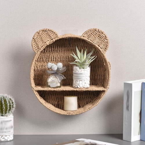 JEWLALO Bear-Shaped Woven Wall Shelf, Natural Rattan Decor, Boho Animal Floating Shelf for Books and Small Toys, Handcrafted Decorative Wall Storage for Registry