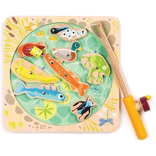Tender Leaf Toys - Pond Dipping - Wooden Magnetic Fishing Toy for Kids - Length Adjustable Fishing Rod and 8 Pond Animals with Numbers at the Back - Develops Fine Motor Skills, Early Learning - Age 3+