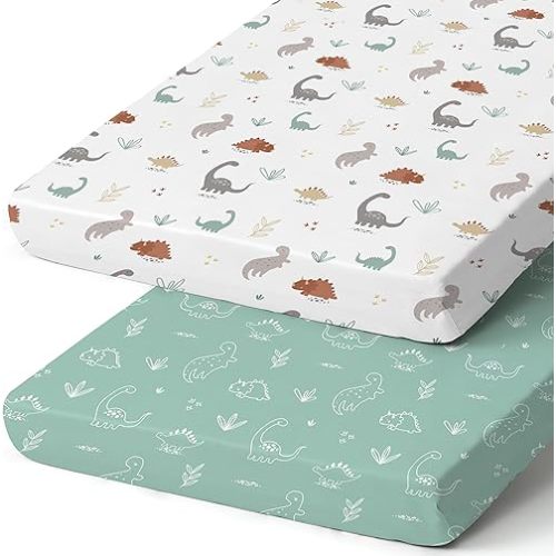 Pack n Play Sheets, BROLEX 2 Pack Mini Crib Sheets,Stretchy Portable Fitted Playard Sheet Set, Convertible Playard Mattress Cover,Ultra Soft Breathable Material,Cute Dinosaurs