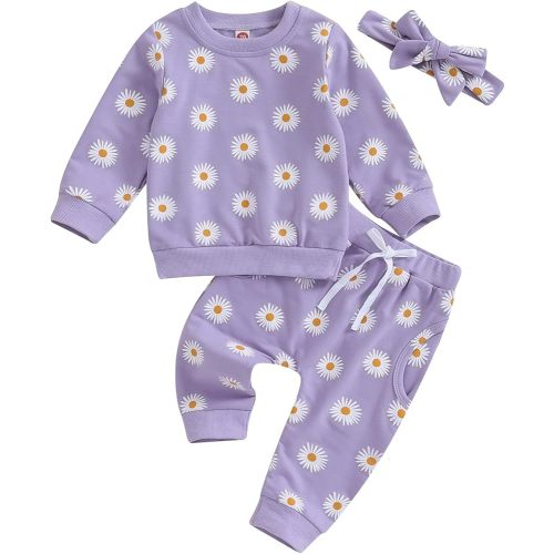 3Pcs Baby Girl Outfits Daisy Sweatshirt + Pants + Headband Infant Fall Winter Clothes