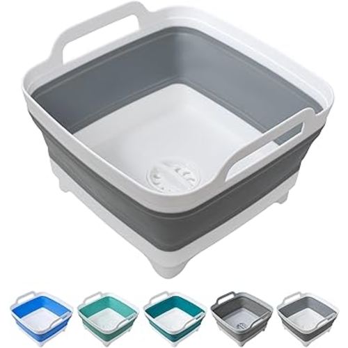 Dishpan for Washing Dishes, 2.4Gal/9L Wash Basin with Draining Plug Carry Handles, Collapsible Bucket for Cleaning, Portable Sink, Foldable Plastic Tub