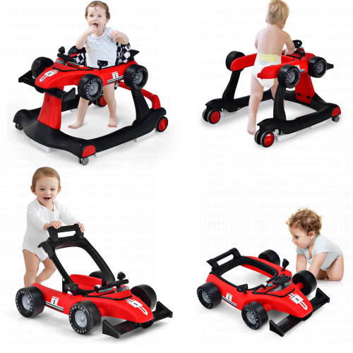 Costway 4-in-1 Unisex Baby Walker, Foldable, Multifunctional, Rolling Activity Push Walker, Adjustable Height, Red