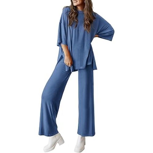 PRETTYGARDEN Women's 2 Piece Outfits Casual Short Sleeve Pullover Tops and Wide Leg Pants Lounge Sets Tracksuits
