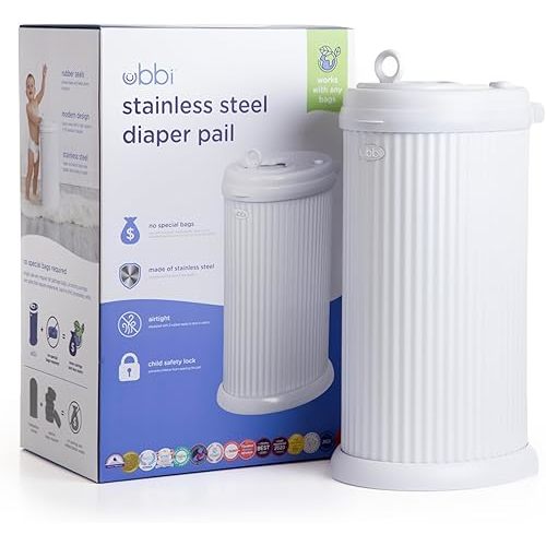 Ubbi Stainless Steel Diaper Pail, No Special Bags, Odor-Locking, Fluted