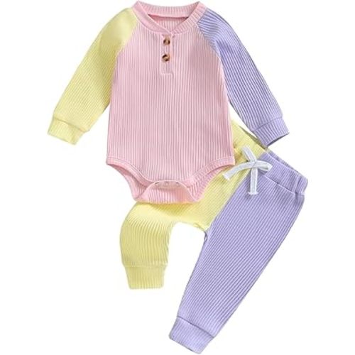 Amazon.com: Thorn Tree Newborn Infant Baby Girl Clothes Ribbed Knitted Long Sleeve Romper Long Pants Stretchy Fall Outfits (Pink Yellow Purple, 12-18 Months): Clothing, Shoes & Jewelry