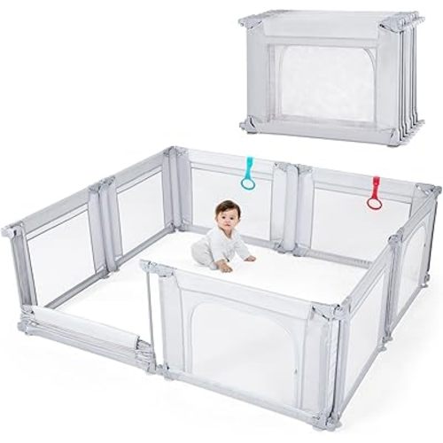 Doradotey Baby Playpen, Shape &Size Adjustable Large Baby Playard for Babies and Toddlers, Foldable Playpen Baby Fence Indoors Play Center Yards, Breathable Mesh Anti-Fall Play Pen 79x71, Light Grey
