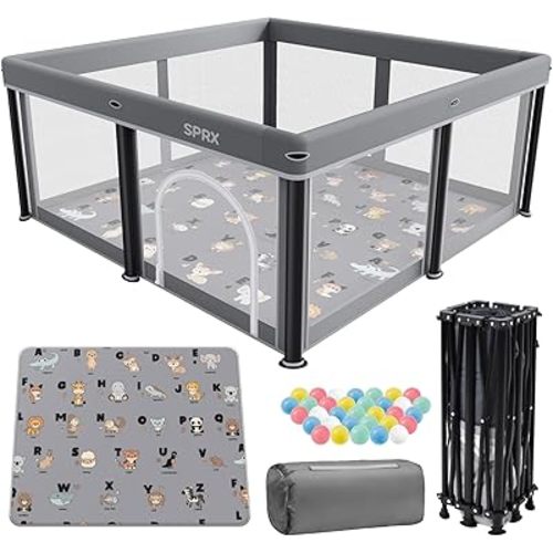 Foldable Baby Playpen With Mat,50"×50" Collapsible Playard For Babies And Toddlers,Indoor&Outdoor Kids Safety Play Pen,Portable Travel Playpen ‌With Travel Pack And 50 Ocean Balls