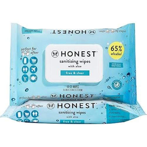 The Honest Company Fragrance Free Sanitizing Alcohol Wipes | Antibacterial + Safe for Hands | Kills 99% of Germs, Made with Aloe | 100 Count (2 Packs of 50)