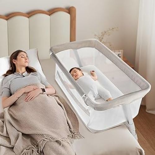 Cowiewie Bassinet Bedside Sleeper,Baby Bassinet Slides Over Bed,5-Position Height Adjustment & Breathable All-Mesh Wall Bedside Bassinet for Baby,Space-Saving Bedside Crib, Height(37.4-41.3"), Beige