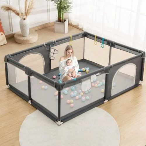 GOTGELIF 79"x63" 4-Panel Baby Playpen Spacious & Secure Foldable Playard Gray