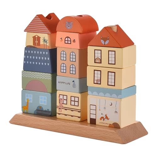Childlike Behavior Wooden Building Blocks Set of 15 for Toddlers - Montessori - Beech Wood Stacking Blocks for Baby - Preschool Educational Cognition and Coordination Learning Toys - Construction Unit