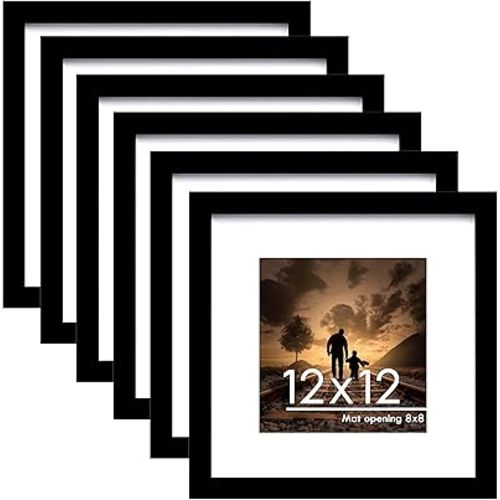 PEALSN 12x12 Picture Frame Set of 6, Display Pictures 8 x 8 with Mat or 12 x 12 Without Mat for Wall Mounting Display, Photo Frames Collage for Wall Decor, Black.