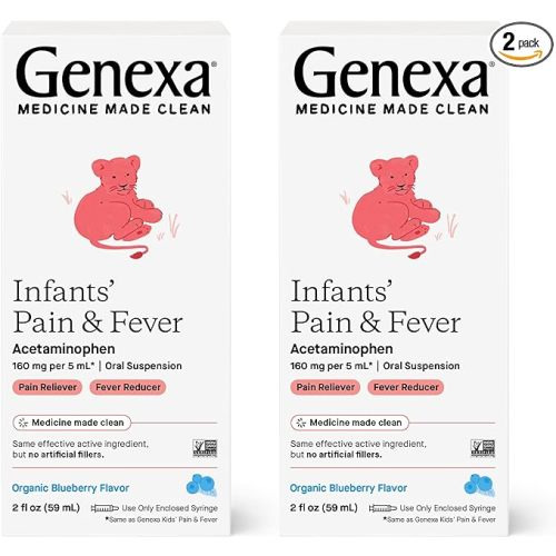 Genexa Infants’ Pain and Fever Reducer | Baby Acetaminophen, Dye Free, Liquid Oral Suspension Medicine for Infant | Delicious Organic Blueberry Flavor | 160 mg per 5mL | 4 Fluid Ounces (2 Pack) - 2 Fl Oz (Pack of 2)