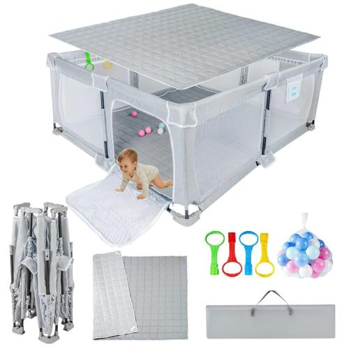 Foldable Baby Playpen 50"x50",Playpen for Babies and Toddlers with Mat,Foldable playpen with Door,Indoor and Outdoor Baby Fence Play Area (Light Gray, Foldable 50"x50" with Mat)