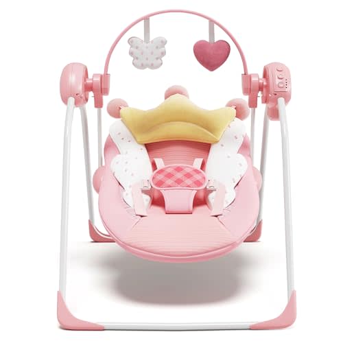 Baby Swings for Infants, Baby Girl Swing for Newborn, Portable Infant Swing with Music, Adaptable Speed, Timing, Soft Cushion, 0-9 Months 20 lbs(Pink)