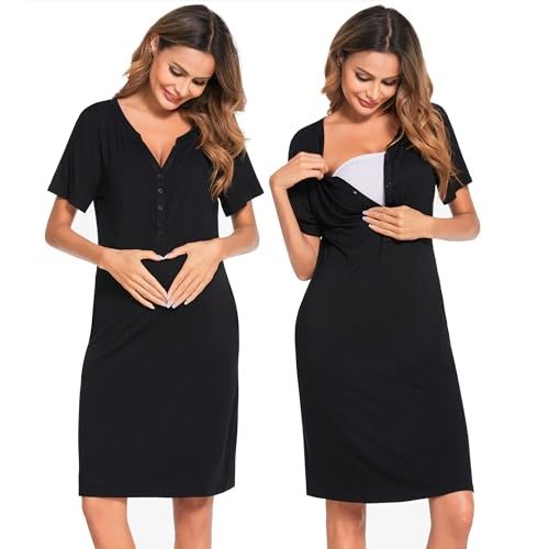 Ekouaer Nursing Nightgown Striped Women Short Sleeve Breastfeeding Sleep Dress Maternity Delivery/Labor Gown