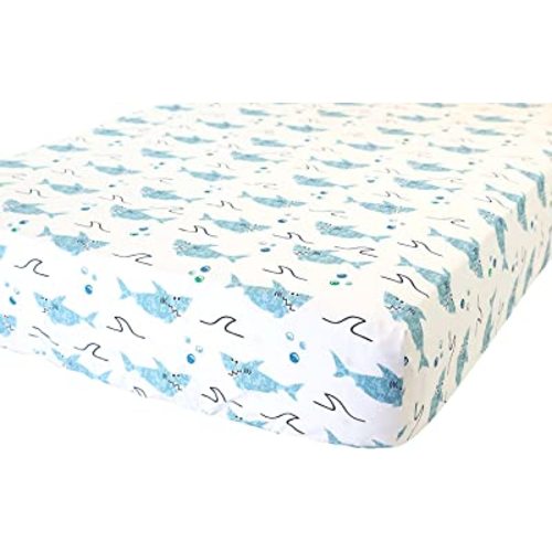 100% Cotton Fitted Crib Sheet - Premium Baby Bedding - Soft, Breathable & Durable - Shark Print