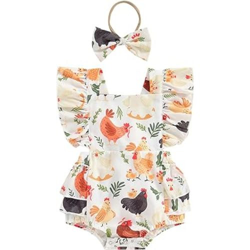 Karuedoo Newborn Baby Girl Farm Outfit Chicken Print Ruffle Sleeveless Romper Jumpsuit Bodysuit with Headband Country Clothes