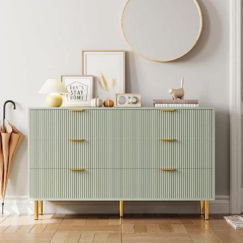 Modern Green 6 Drawer Dresser, Stylish Wood Chest with Gold Handles, Large Storage Drawers, Elegant Organizer for Bedroom, Living Room, Entryway