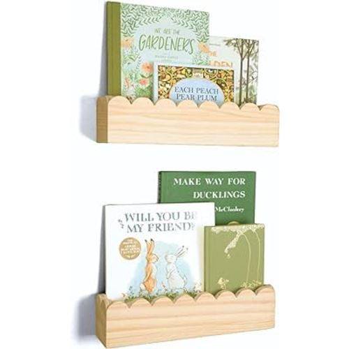Scalloped Shelves Set of 2 - Preassembled Kids Bookshelf - Book Shelf for Kids Rooms - Nursery Bookshelf Decor - Montessori Bookshelf - Natural Wood Floating Shelves - Baby Bookshelf