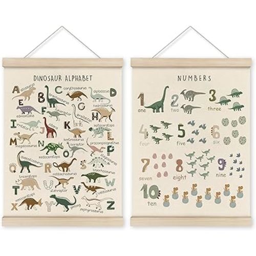HRQKO Dinosaur Alphabet Poster Hanger Frame Set of 2, Dinosaur Wall Decor, Nursery Wall Decor, ABC Poster Wall Art with Wooden Frames, Alphabet Banner Wall Hanging Decor for Boys Room,12x16 Inch