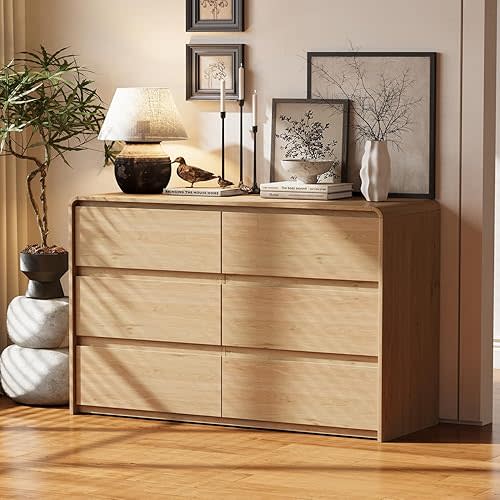 6 Drawer Dresser for Bedroom, Curved Edge Design Modern Dressers & Chest of Drawers, 47" Wide Nursery Dresser Natural Oak