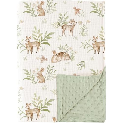 Konssy Baby Blankets for Unisex Boys Girls, Super Soft Nursery Minky Blankets with Muslin Cotton Front and Dotted Fleece Backing, Printed Bed Throws Newborn