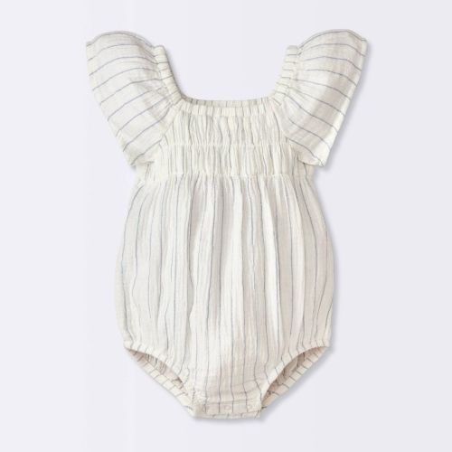 Baby Girls' Striped Puff Sleeve Romper - Cloud Island™ Cream 0-3m
